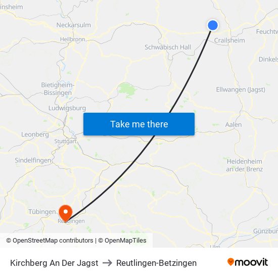 Kirchberg An Der Jagst to Reutlingen-Betzingen map