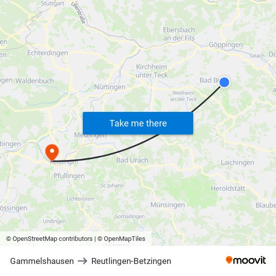 Gammelshausen to Reutlingen-Betzingen map