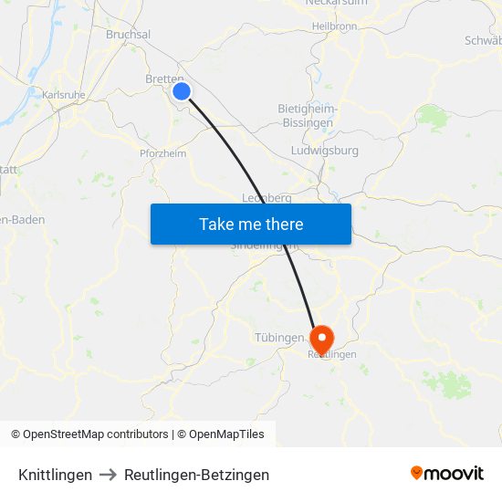 Knittlingen to Reutlingen-Betzingen map