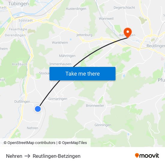 Nehren to Reutlingen-Betzingen map