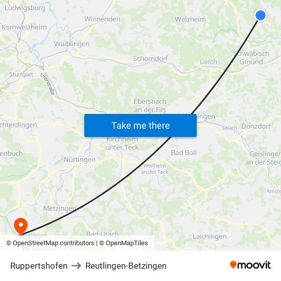 Ruppertshofen to Reutlingen-Betzingen map