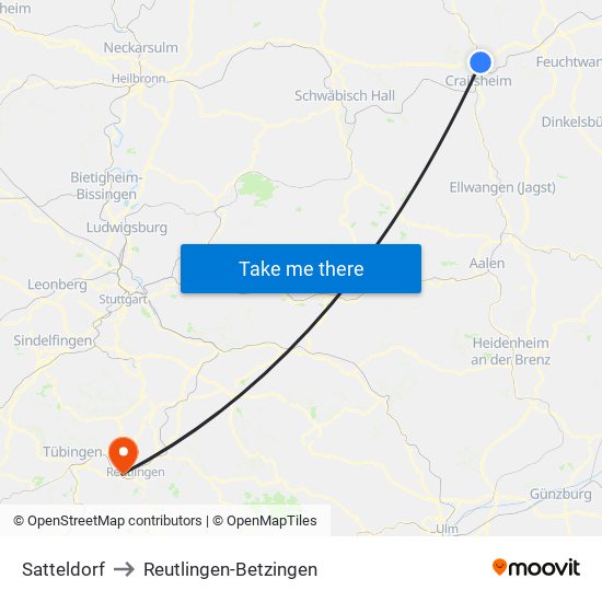 Satteldorf to Reutlingen-Betzingen map