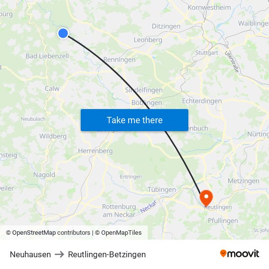 Neuhausen to Reutlingen-Betzingen map