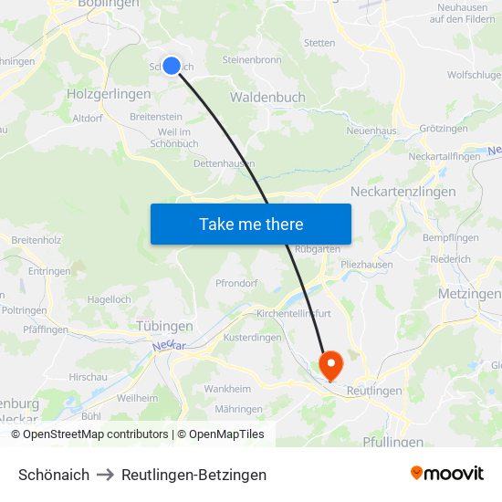 Schönaich to Reutlingen-Betzingen map