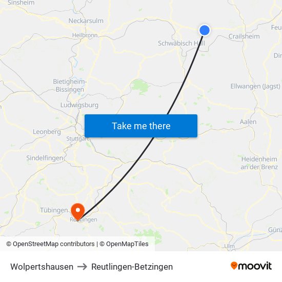 Wolpertshausen to Reutlingen-Betzingen map