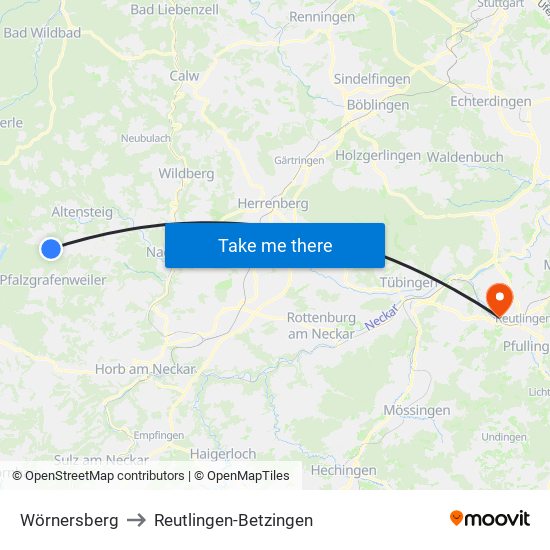 Wörnersberg to Reutlingen-Betzingen map