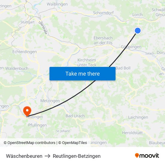 Wäschenbeuren to Reutlingen-Betzingen map