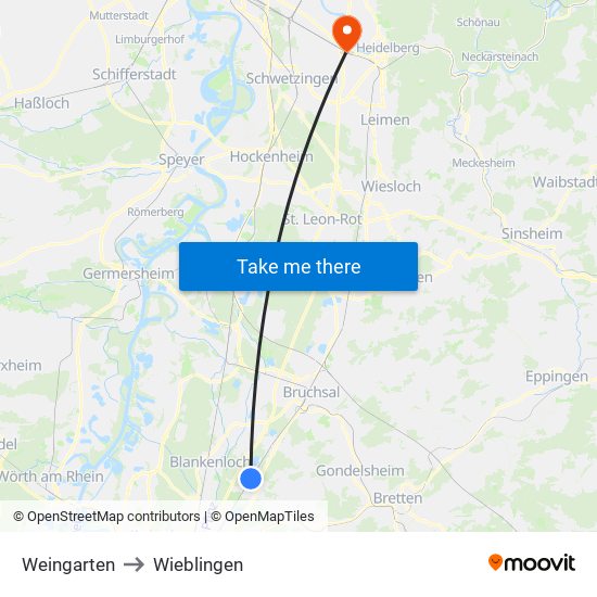 Weingarten to Wieblingen map