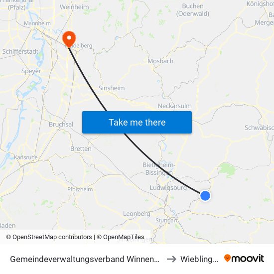 Gemeindeverwaltungsverband Winnenden to Wieblingen map