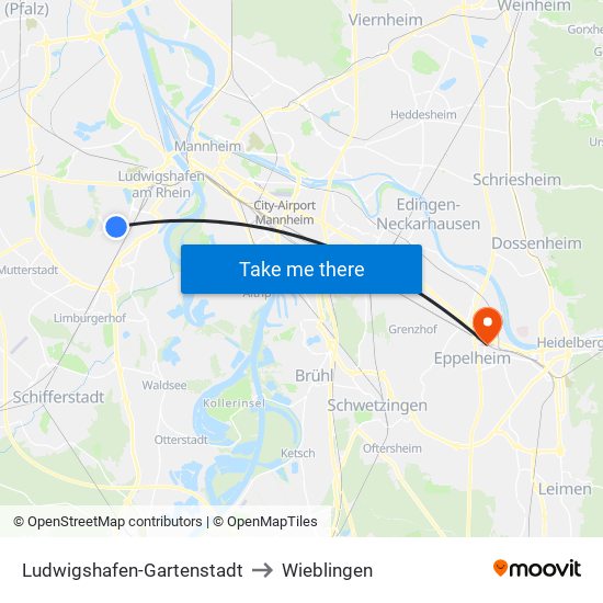 Ludwigshafen-Gartenstadt to Wieblingen map