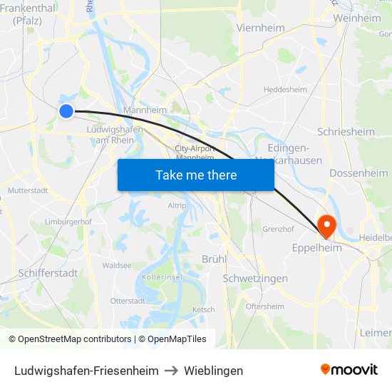 Ludwigshafen-Friesenheim to Wieblingen map