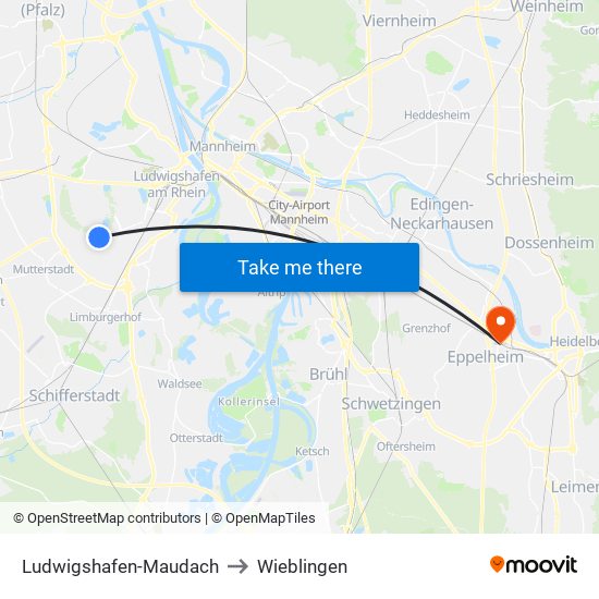 Ludwigshafen-Maudach to Wieblingen map