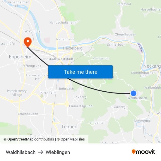 Waldhilsbach to Wieblingen map