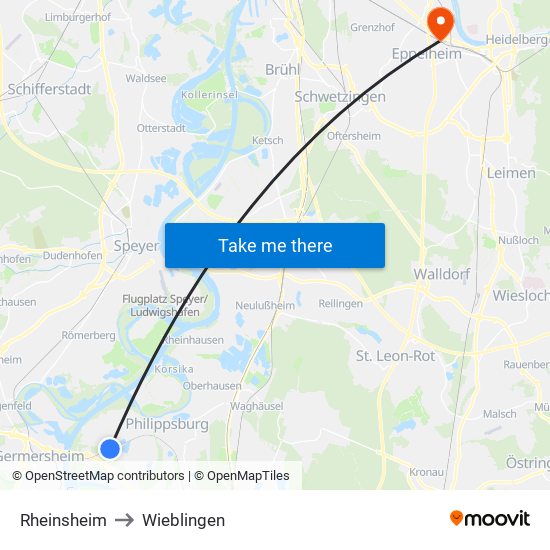 Rheinsheim to Wieblingen map