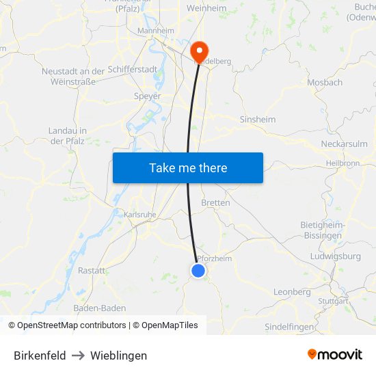 Birkenfeld to Wieblingen map