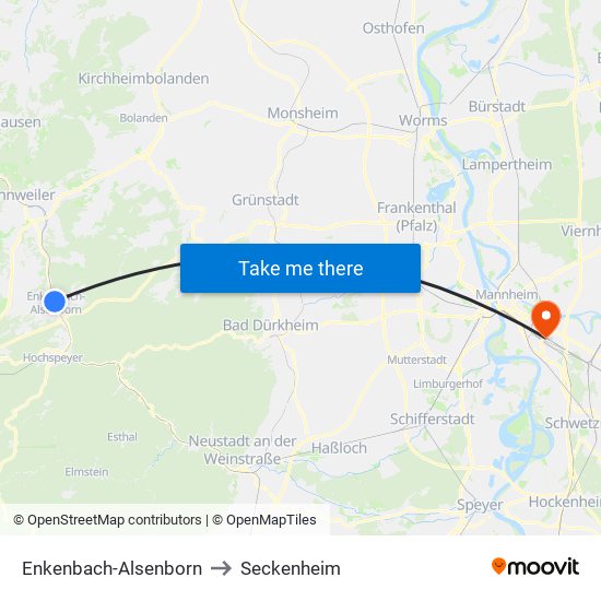 Enkenbach-Alsenborn to Seckenheim map