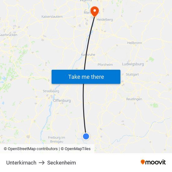 Unterkirnach to Seckenheim map