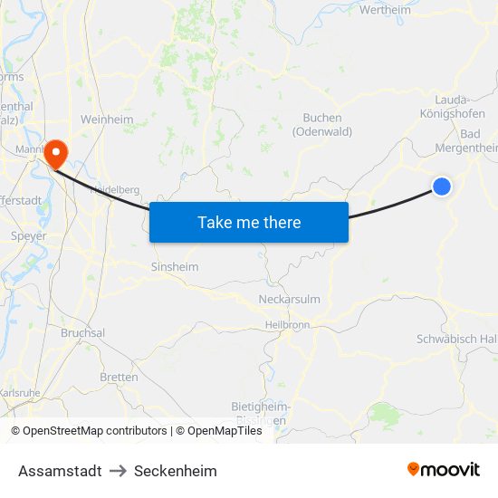 Assamstadt to Seckenheim map