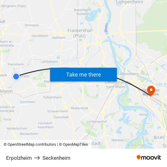 Erpolzheim to Seckenheim map