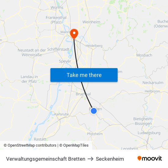 Verwaltungsgemeinschaft Bretten to Seckenheim map