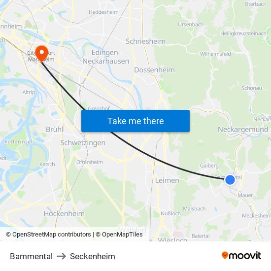 Bammental to Seckenheim map