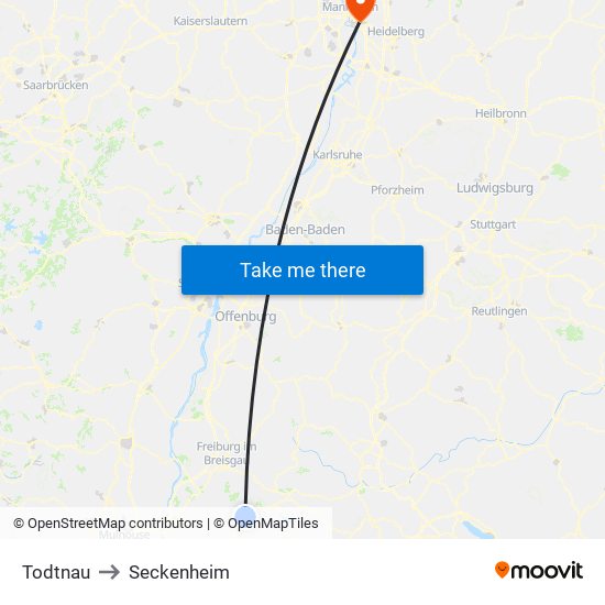 Todtnau to Seckenheim map