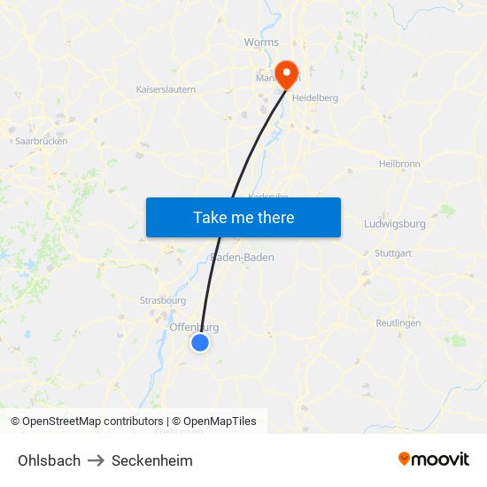 Ohlsbach to Seckenheim map