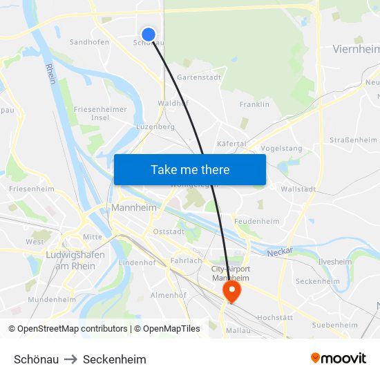 Schönau to Seckenheim map