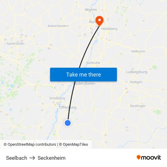 Seelbach to Seckenheim map