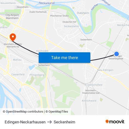 Edingen-Neckarhausen to Seckenheim map