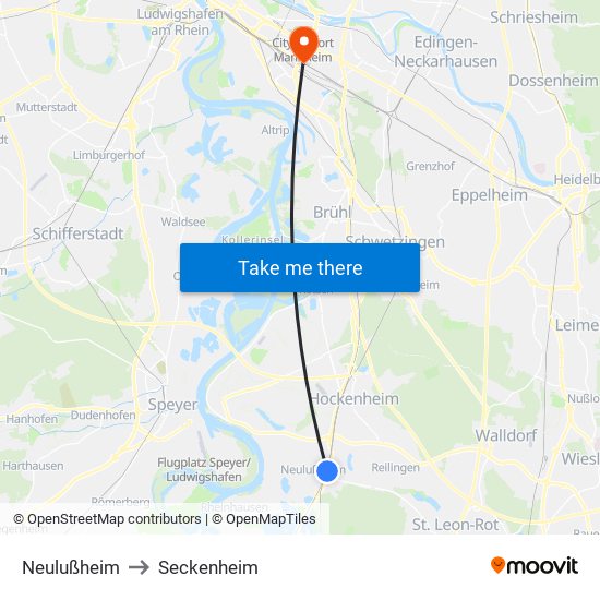 Neulußheim to Seckenheim map