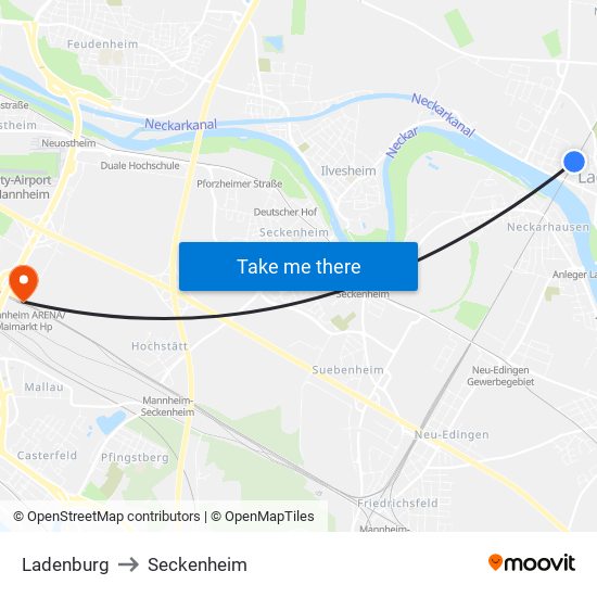 Ladenburg to Seckenheim map
