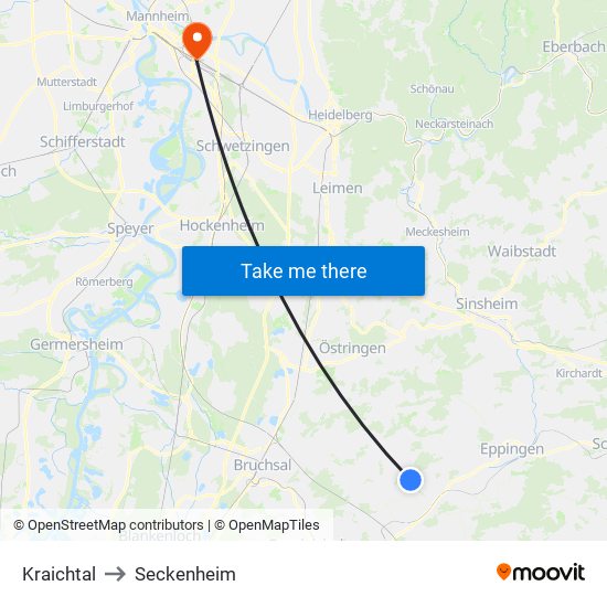 Kraichtal to Seckenheim map