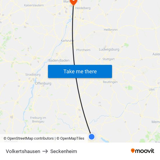 Volkertshausen to Seckenheim map