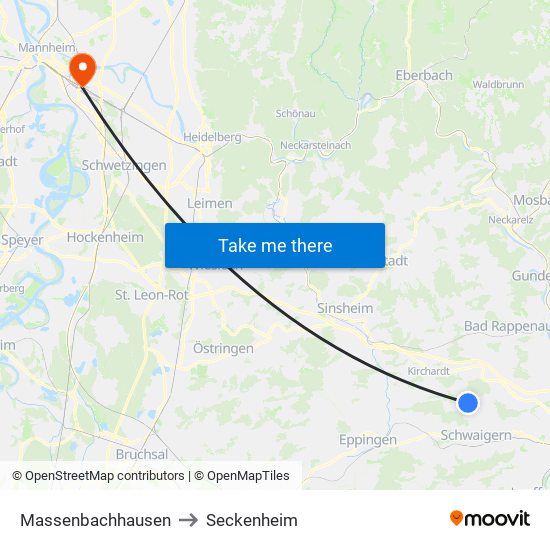 Massenbachhausen to Seckenheim map