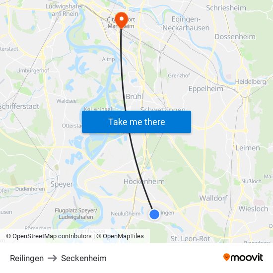 Reilingen to Seckenheim map