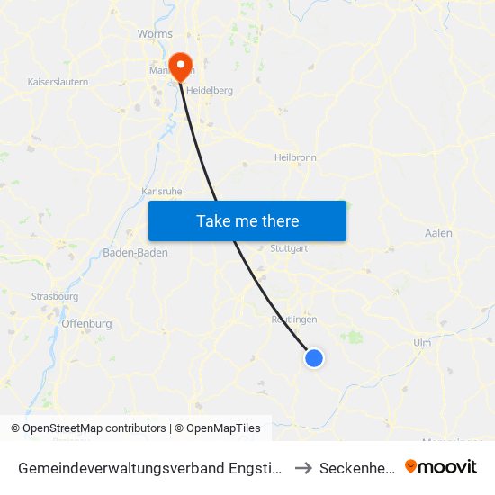 Gemeindeverwaltungsverband Engstingen to Seckenheim map