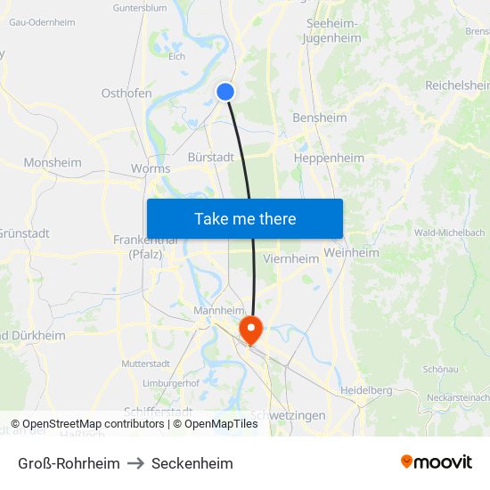 Groß-Rohrheim to Seckenheim map