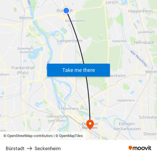 Bürstadt to Seckenheim map