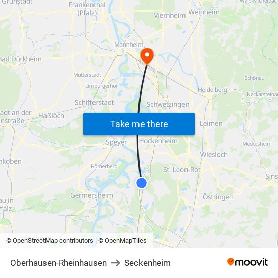 Oberhausen-Rheinhausen to Seckenheim map