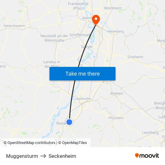 Muggensturm to Seckenheim map