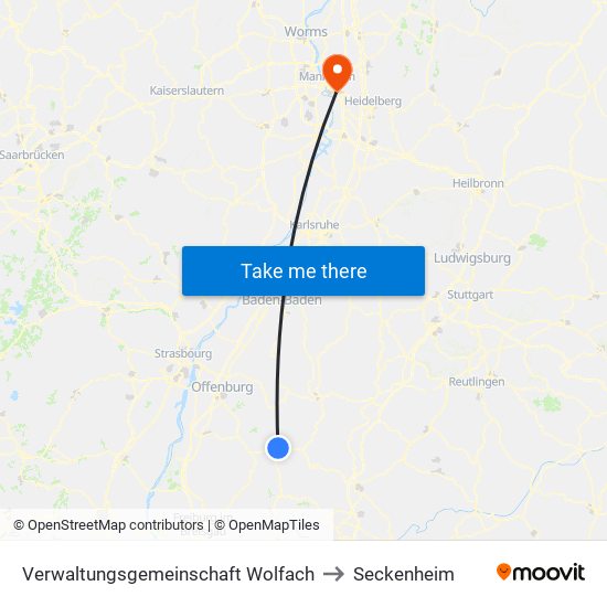 Verwaltungsgemeinschaft Wolfach to Seckenheim map