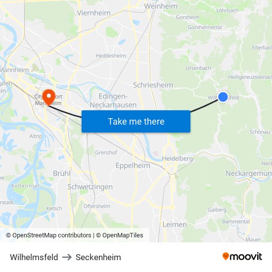 Wilhelmsfeld to Seckenheim map