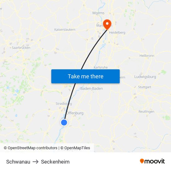 Schwanau to Seckenheim map