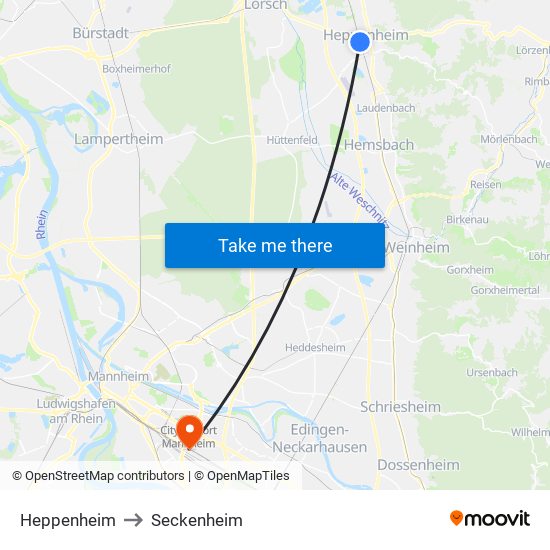 Heppenheim to Seckenheim map