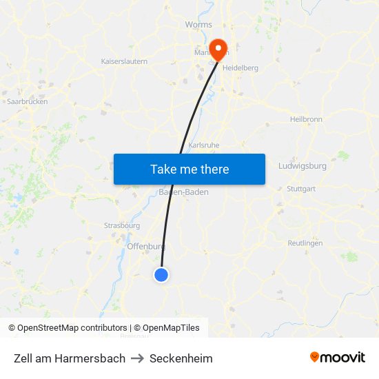 Zell am Harmersbach to Seckenheim map