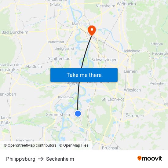 Philippsburg to Seckenheim map