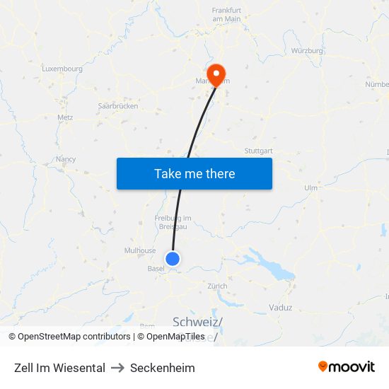 Zell Im Wiesental to Seckenheim map