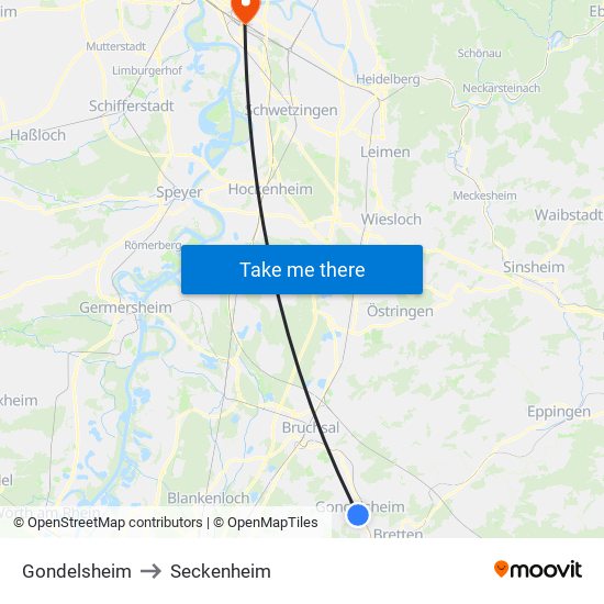 Gondelsheim to Seckenheim map