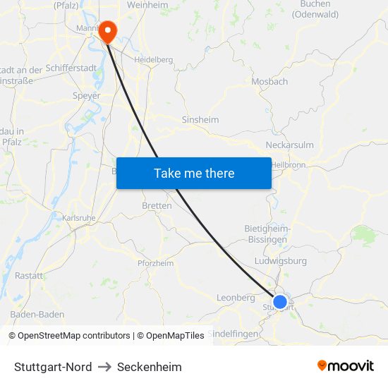 Stuttgart-Nord to Seckenheim map